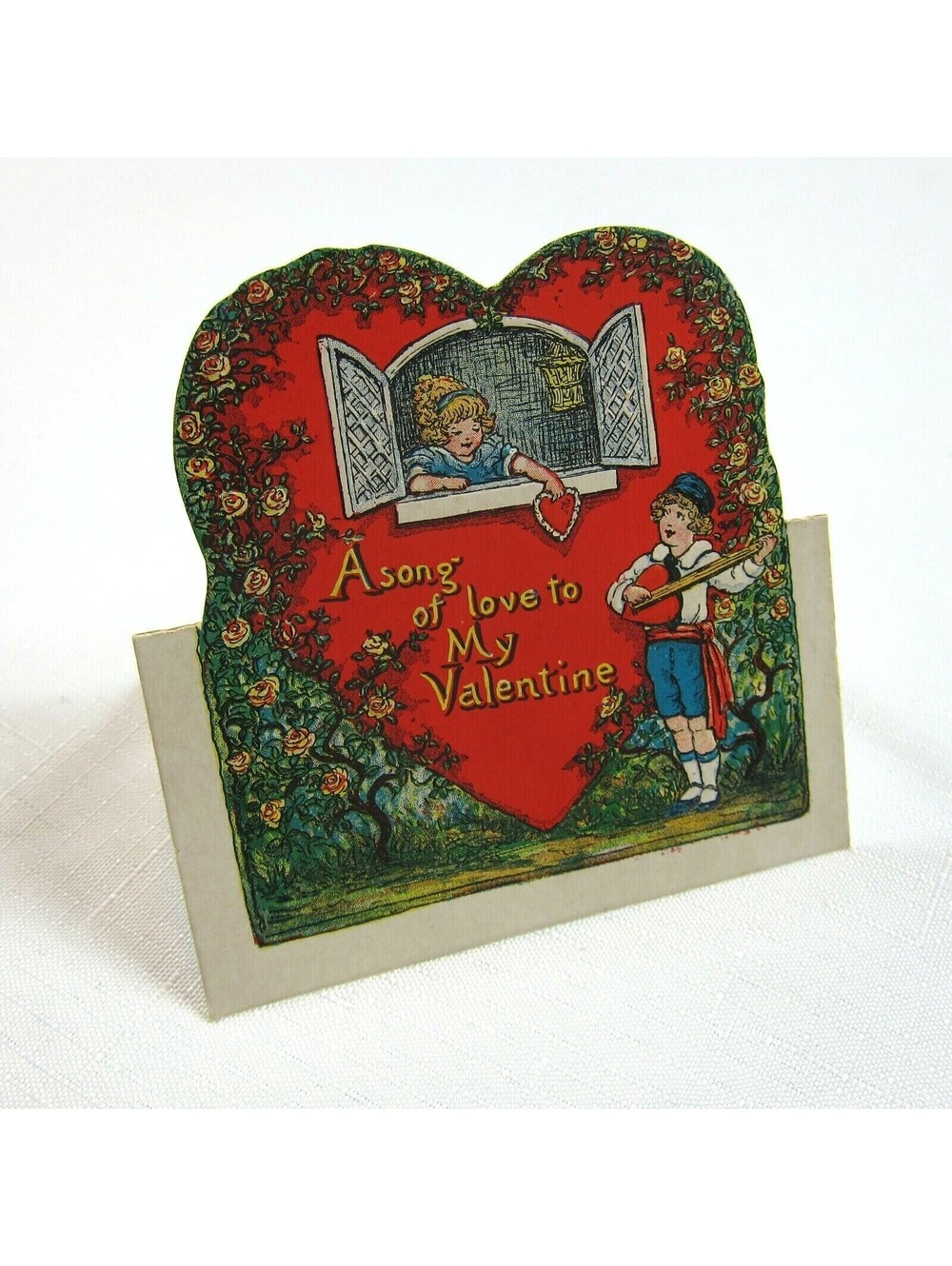 Vintage Valentine 1930 Beistle Stand Up Card Boy Plays Mandolin Girl Window USA